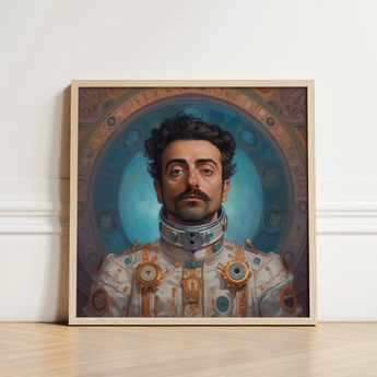 Framed Portrait Man Ornate Futuristic Astronaut Attire Gold Gay Arabic, Aesthetic, Meet Eskandar