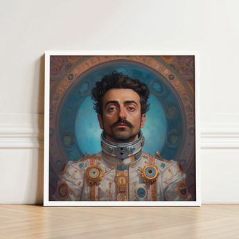 Framed Portrait Man Ornate White Gold Futuristic Suit Gay Arabic Astronaut, Aesthetic, Meet Eskandar
