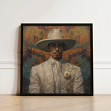 Framed Portrait Man Ornate White Suit Wide-brimmed Hat Dandy Gay Cowboy, Elegant Latino Vaquero’s, Spirit’s Queer