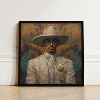 Framed Portrait Man Ornate White Suit Wide-brimmed Hat Dandy Gay Cowboy, Elegant Latino Vaquero’s, Spirit’s Queer