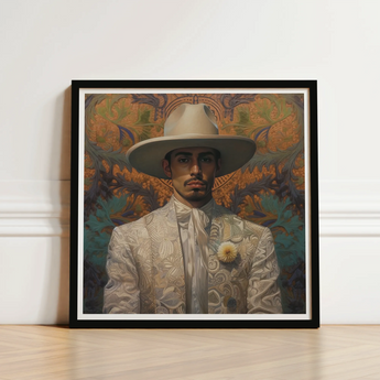 Framed Portrait Man Ornate White Suit Wide-brimmed Hat Dandy Gay Cowboy, Elegant Latino Vaquero’s, Spirit’s Queer