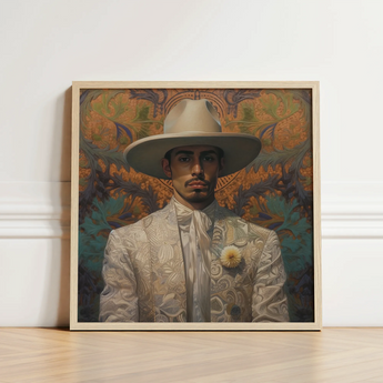 Framed Portrait Man Ornate White Suit Wide-brimmed Hat Dandy Gay Cowboy, Elegant Latino Vaquero’s, Spirit’s Queer