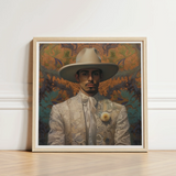 Framed Portrait Man Ornate White Suit Wide-brimmed Hat Dandy Gay Cowboy, Elegant Latino Vaquero’s, Spirit’s Queer