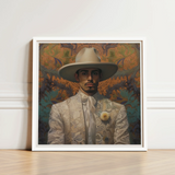 Framed Portrait Man Ornate White Suit Wide-brimmed Hat Dandy Gay Cowboy, Elegant Latino Vaquero’s, Spirit’s Queer