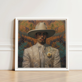 Framed Portrait Man Ornate White Suit Wide-brimmed Hat Dandy Gay Cowboy, Elegant Latino Vaquero’s, Spirit’s Queer