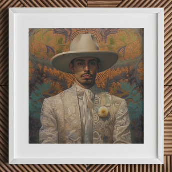 Estephan - Gay Latino Vaquero Art Print / Canvas Cream-colored Cowboy Hat Yellow Flower Pin White Frame Dandy Gay Cowboy, Elegant Latino