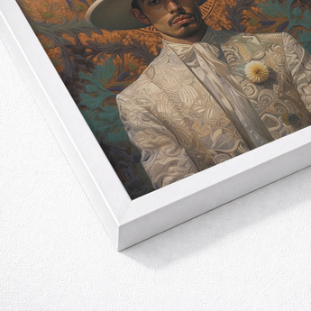 Framed Portrait Man Ornate Light-colored Embroidered Suit Wide-brimmed Dandy Gay Cowboy, Elegant Latino Vaquero’s, Spirit’s Queer