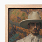 Framed Canvas Painting Man Wide-brimmed White Hat Ornate Dandy Gay Cowboy, Elegant Latino Vaquero’s, Spirit’s Queer