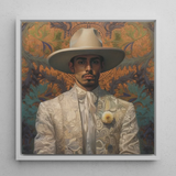 Estephan - Gay Latino Vaquero Art Print / Canvas Framed Portrait Man Ornate Cream-colored Embroidered Suit Wide-brimmed Dandy Gay Cowboy,
