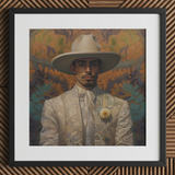 Estephan - Gay Latino Vaquero Art Print / Canvas Framed Portrait Man Ornate White Suit Wide-brimmed Hat Dandy Gay Cowboy, Elegant Latino