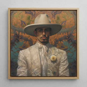 Estephan - Gay Latino Vaquero Art Print / Canvas Framed Portrait Man Ornate White Suit Wide-brimmed Hat Dandy Gay Cowboy, Elegant Latino