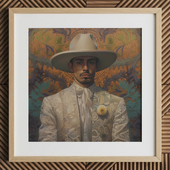 Estephan - Gay Latino Vaquero Art Print / Canvas Framed Portrait Man Ornate White Suit Wide-brimmed Hat Dandy Gay Cowboy, Elegant Latino