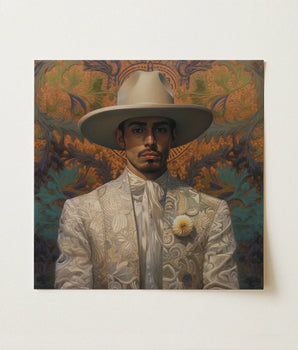 Square Canvas Painting Man Ornate White Suit Wide-brimmed Dandy Gay Cowboy, Elegant Latino Vaquero’s, Spirit’s Queer