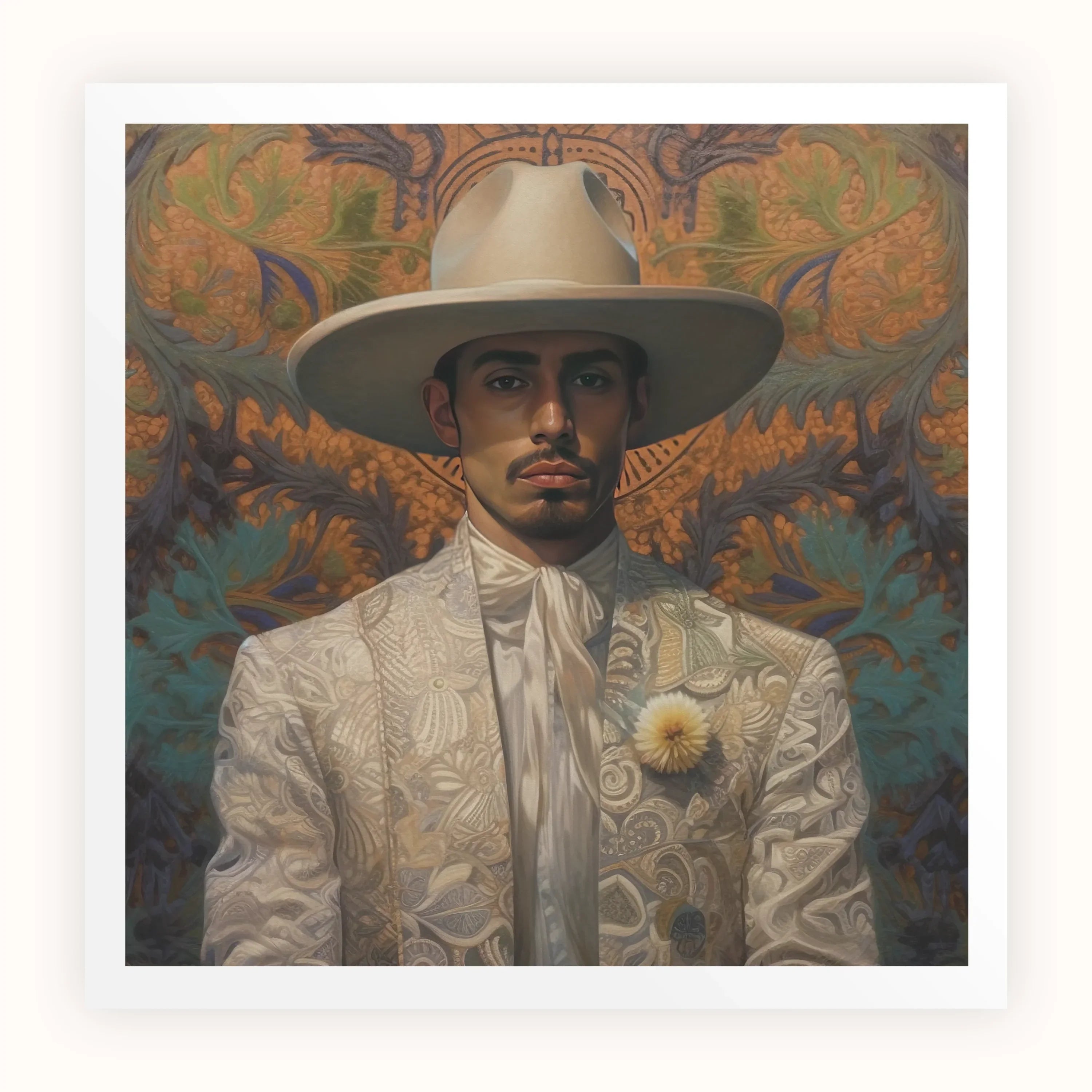 Estephan Gay Latino Vaquero Art Print, Figure Ornate White Embroidered Suit Jacket Shirt Wide Brimmed
