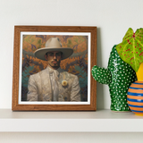 Estephan - Gay Latino Vaquero Art Print, Framed Portrait Painting White Suit Wide-brimmed Hat