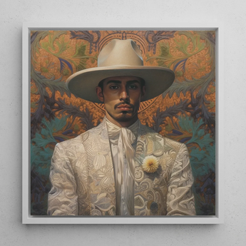 Estephan - Queer Latino Vaquero Framed Canvas, 12x12’’ / 31x31cm / White Floating Frame, Framed Portrait Man Hat Patterned Suit