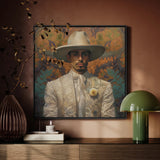 Estephan - Queer Latino Vaquero Framed Canvas, Portrait Painting Man White Suit Hat Colorful Background