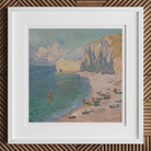 Étretat - Claude Monet Normandy Coastline Art Print, 12x12’’ / 31x31cm / White Frame / 2’’ Matboard, Framed Painting Beach Cliffs Boats
