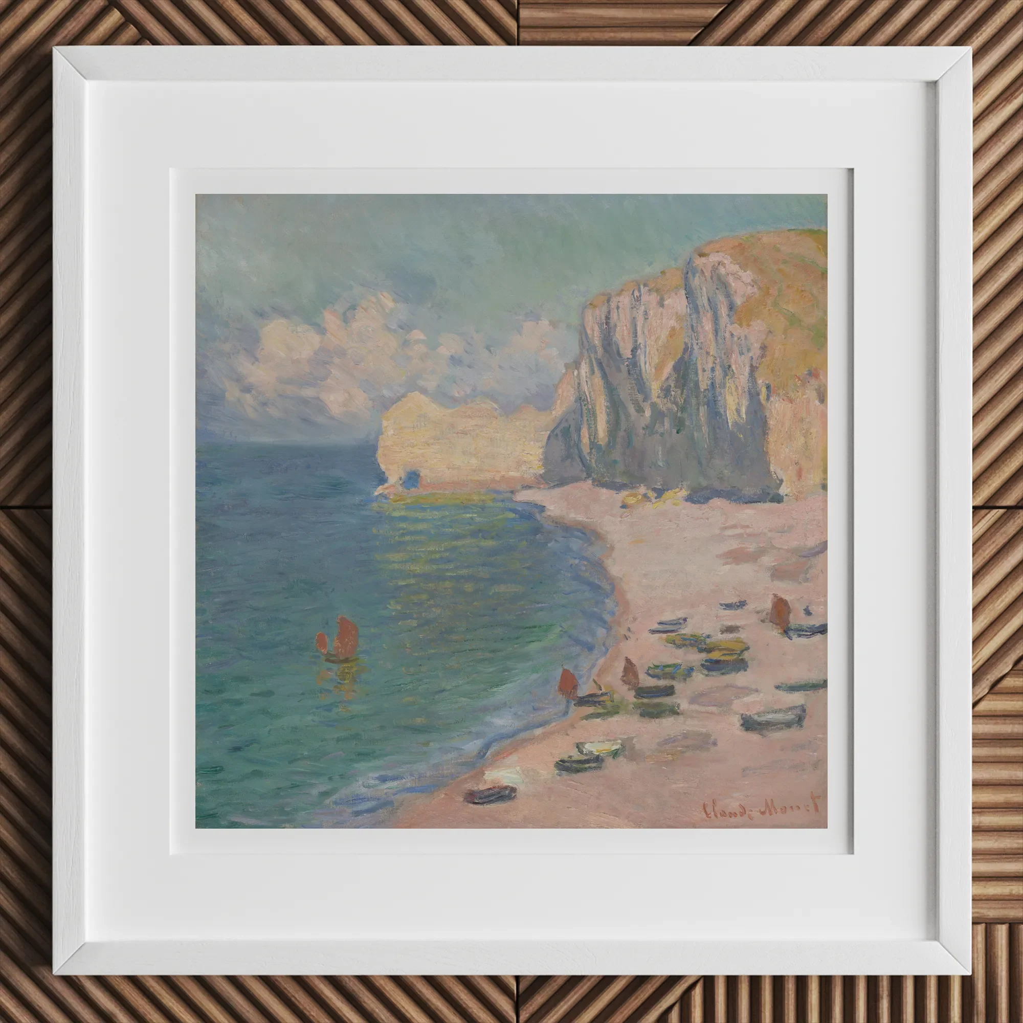 Étretat - Claude Monet Normandy Coastline Art Print, 12x12’’ / 31x31cm / White Frame, Framed Painting Beach Cliffs Boats