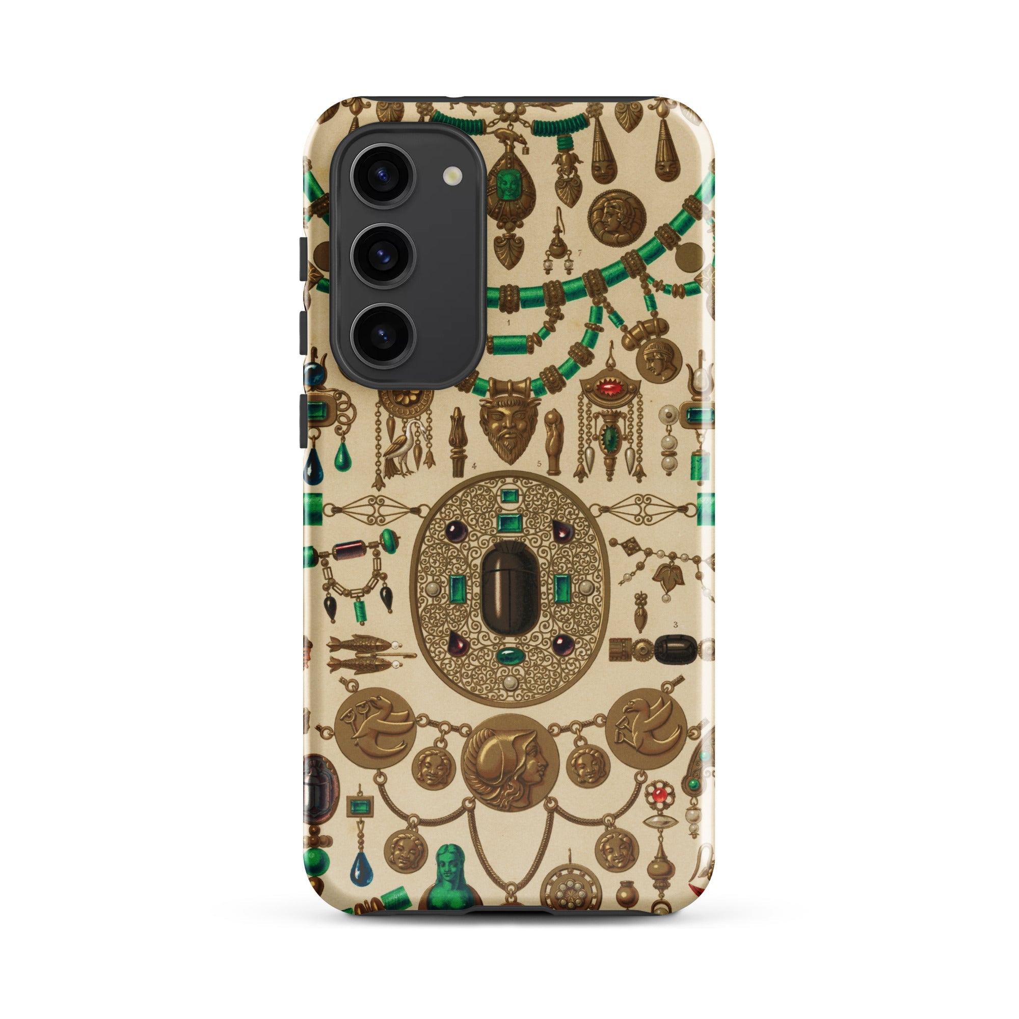 Etruscan Jewelry - Auguste Racinet Samsung Case, Galaxy S23 Plus / Matte, Smartphone Case Intricate Pattern Vintage Gold Emerald Jewelry