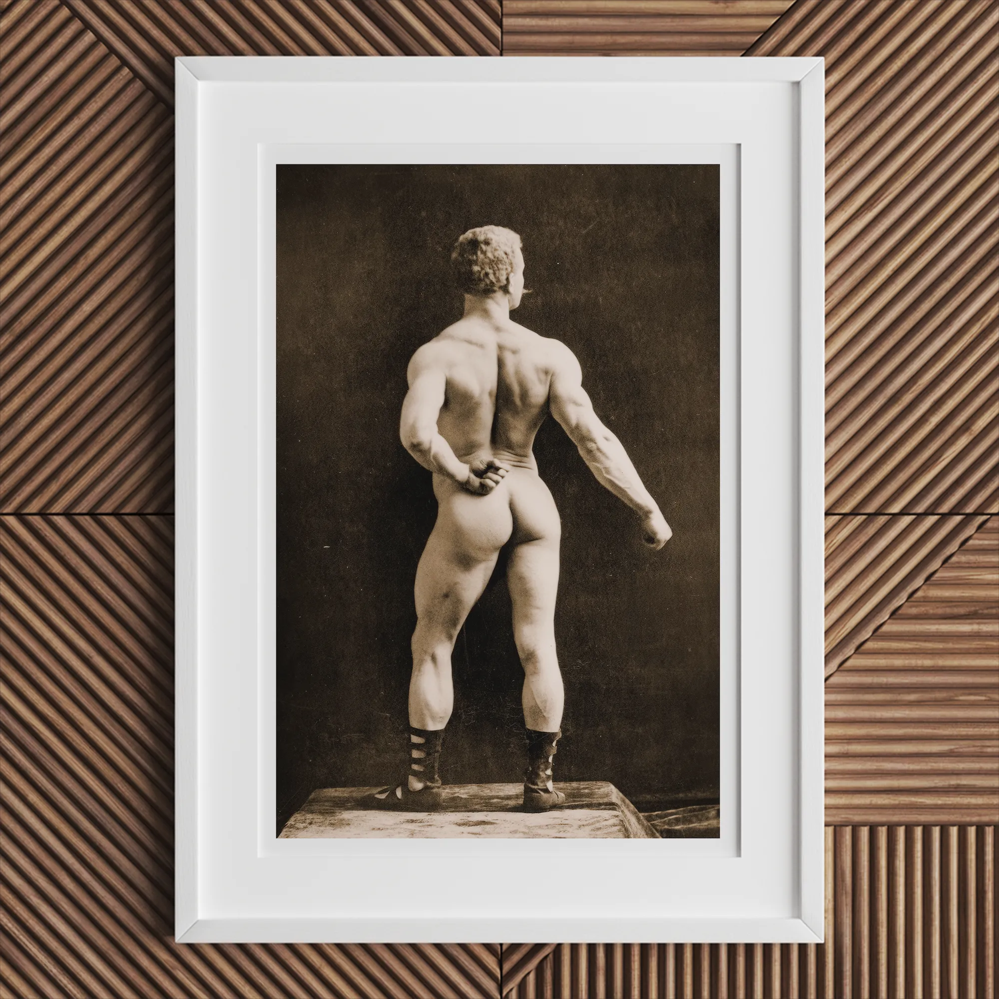 Eugen Sandow in Classical Ancient Greco Roman Pose Napoleon Sarony Art Print, Framed Black White Photo Muscular Nude Man