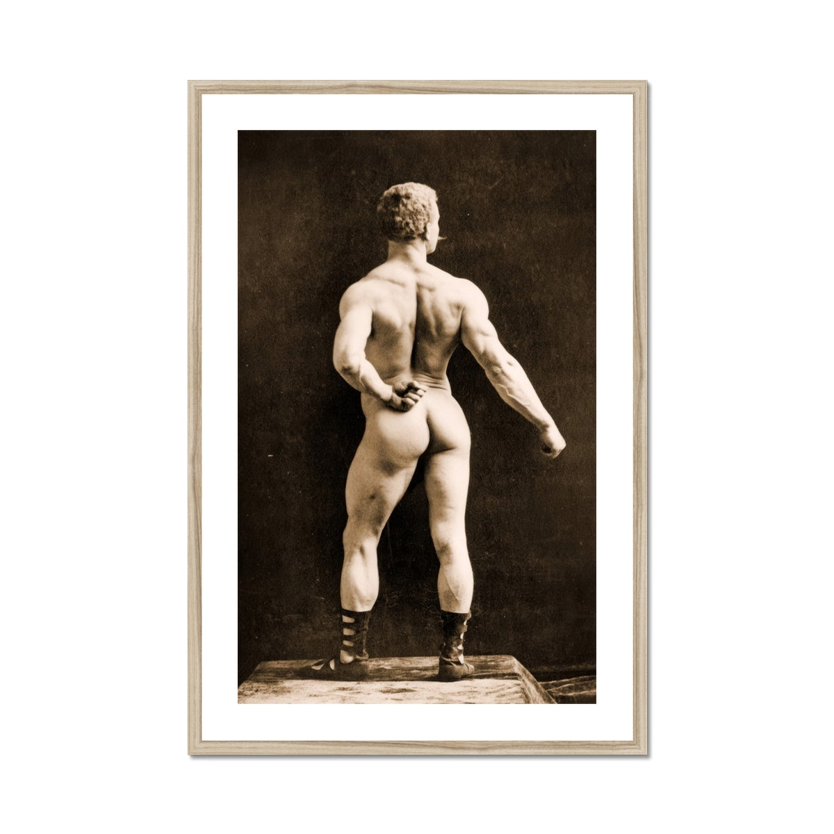 Eugen Sandow in Classical Ancient Greco Roman Pose Napoleon Sarony Art Print, Framed Sepia Toned Photograph Muscular Man’s