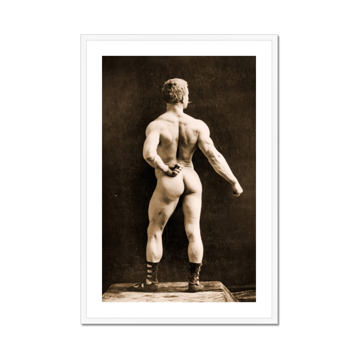 Eugen Sandow in Classical Ancient Greco Roman Pose Napoleon Sarony Art Print, Framed Sepia Toned Photograph Muscular Man