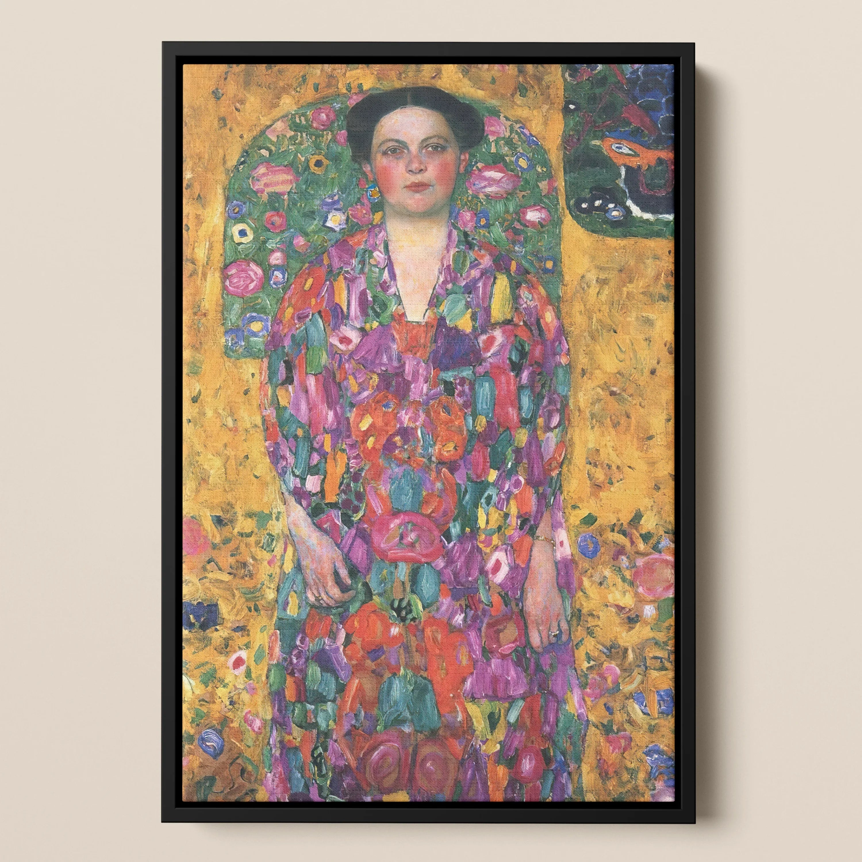 Eugenia Primavesi - Gustav Klimt Symbolist Framed Canvas, Portrait Woman Vibrantly Colorful Floral-patterned Dress