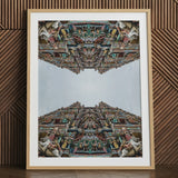 Op art print of South Indian temple deities, framed.
