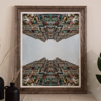 Every Deity - South Indian Temple Op Art Print, Framed Photograph Intricate Symmetrical Hindu Temple Architecture Reflected
