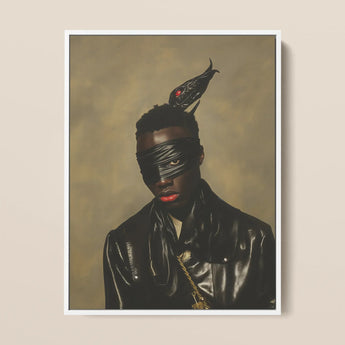 Eye of the Storm - Occult Trans Glamor Framed Canvas, 12x16’’ / 31x41cm / White Floating Frame, Fashion Portrait Person Leather Eye Mask