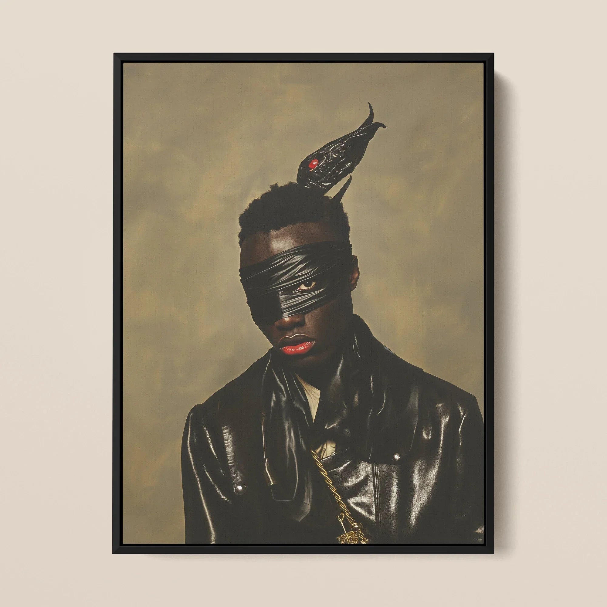 Eye of the Storm - Occult Trans Glamor Framed Canvas, Framed Portrait Person Leather Jacket Mask