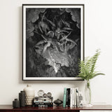 The Fall of Man - Gustave Dore Art Print, Black White Framed Artwork Battle Scene Winged Figures