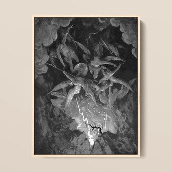 The Fall of Man - Gustave Dore Art Print / Canvas Black-and-white Framed Artwork Dramatic Celestial Scene Winged Figures Milton’s Cosmic