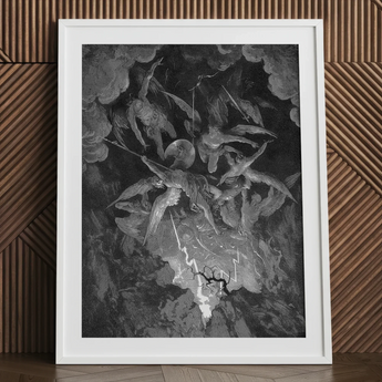 The Fall of Man - Gustave Dore Art Print / Canvas Framed Black White Lithograph Celestial Battle Scene Milton’s Cosmic Rebellion, Despair