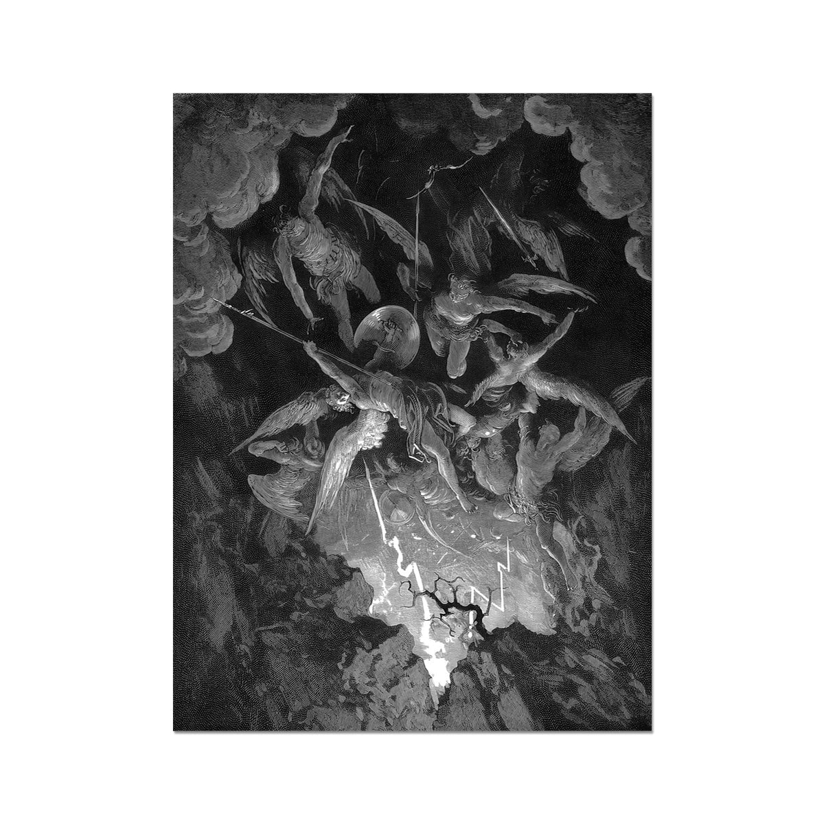 The Fall of Man - Gustave Dore Art Print, Dramatic Grayscale Illustration Celestial Battle Numerous Winged Figures