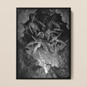 The Fall of Man - Gustave Dore Framed Canvas, 12x16’’ / 31x41cm / Black Floating Frame, Framed Black White Illustration Dramatic Scene