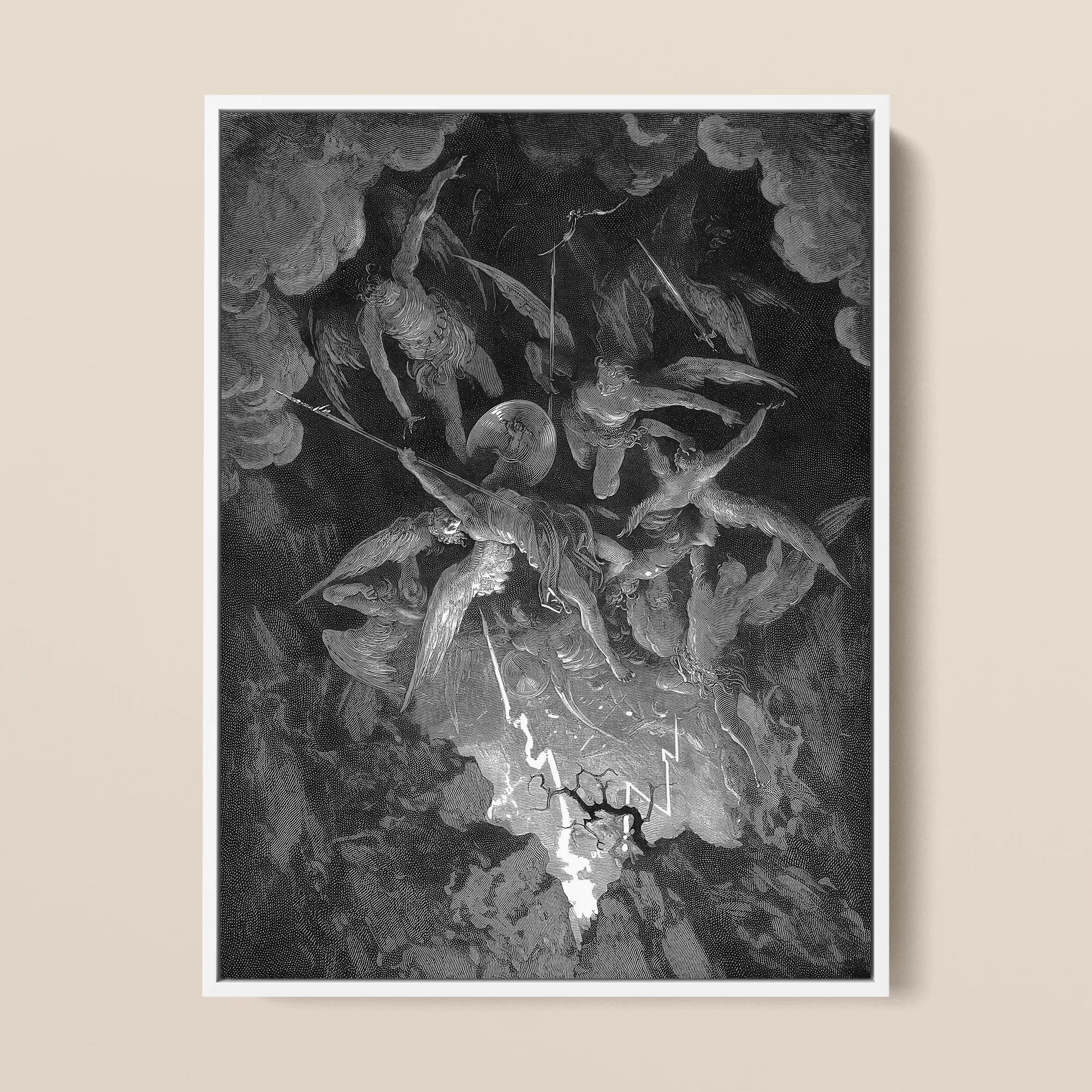 The Fall of Man - Gustave Dore Framed Canvas, 12x16’’ / 31x41cm / White Floating Frame, Framed Monochromatic Print Dramatic Scene Numerous