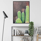 Family Affair - Modern Cactus Art Framed Canvas, Framed Artwork Vibrant Green Saguaro Cacti Dark Background