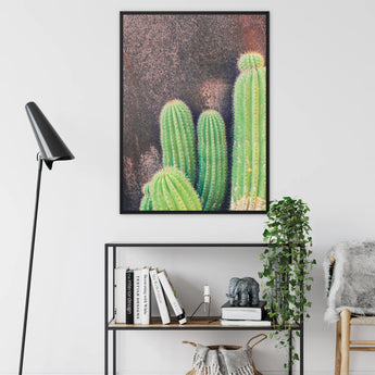 Family Affair - Modern Cactus Art Framed Canvas, Framed Artwork Vibrant Green Saguaro Cacti Dark Background