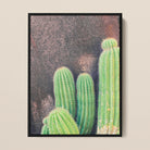 Family Affair Modern Cactus Art Framed Canvas, Vibrant Green Cactus Plants Prominent Spines Dark Background