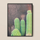 Family Affair - Modern Cactus Art Framed Canvas, Vibrant Green Cactus Plants Prominent Spines Dark Background