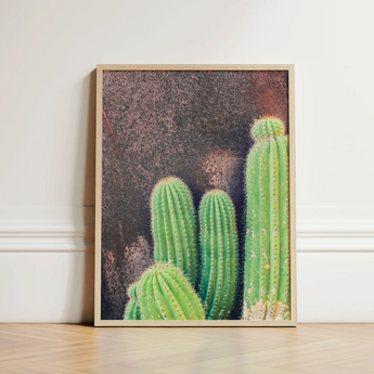 Framed Artwork Vibrant Green Cacti Textured Dark Brown Desert Drama, Modern Cactus Photography, Spiky Adventure