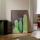 Family Affair - Modern Cactus Art Print / Canvas Framed Artwork Vibrant Green Cacti Textured Dark Background Desert Drama, Modern Cactus