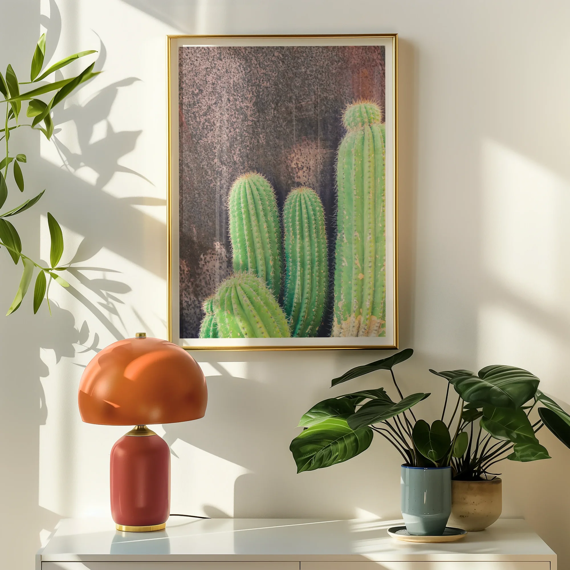 Family Affair - Modern Cactus Art Print, Framed Artwork Green Cacti Dark Background