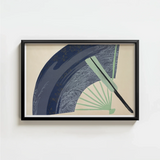 Framed Artwork Stylized Fan Deep Blue Mint Green Kamisaka Sekka, Japanese Edo Woodblock, Edo-period Japan