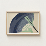 Framed Artwork Stylized Fan Navy Blue Light Green Kamisaka Sekka, Japanese Edo Woodblock, Edo-period Japan