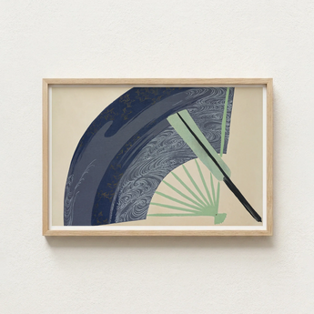 Framed Artwork Stylized Fan Navy Blue Light Green Kamisaka Sekka, Japanese Edo Woodblock, Edo-period Japan