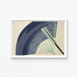 Framed Artwork Stylized Japanese Fan Navy Blue Light Kamisaka Sekka, Edo Woodblock, Edo-period Japan