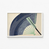 Framed Artwork Stylized Japanese Fan Deep Blue Light Kamisaka Sekka, Edo Woodblock, Edo-period Japan